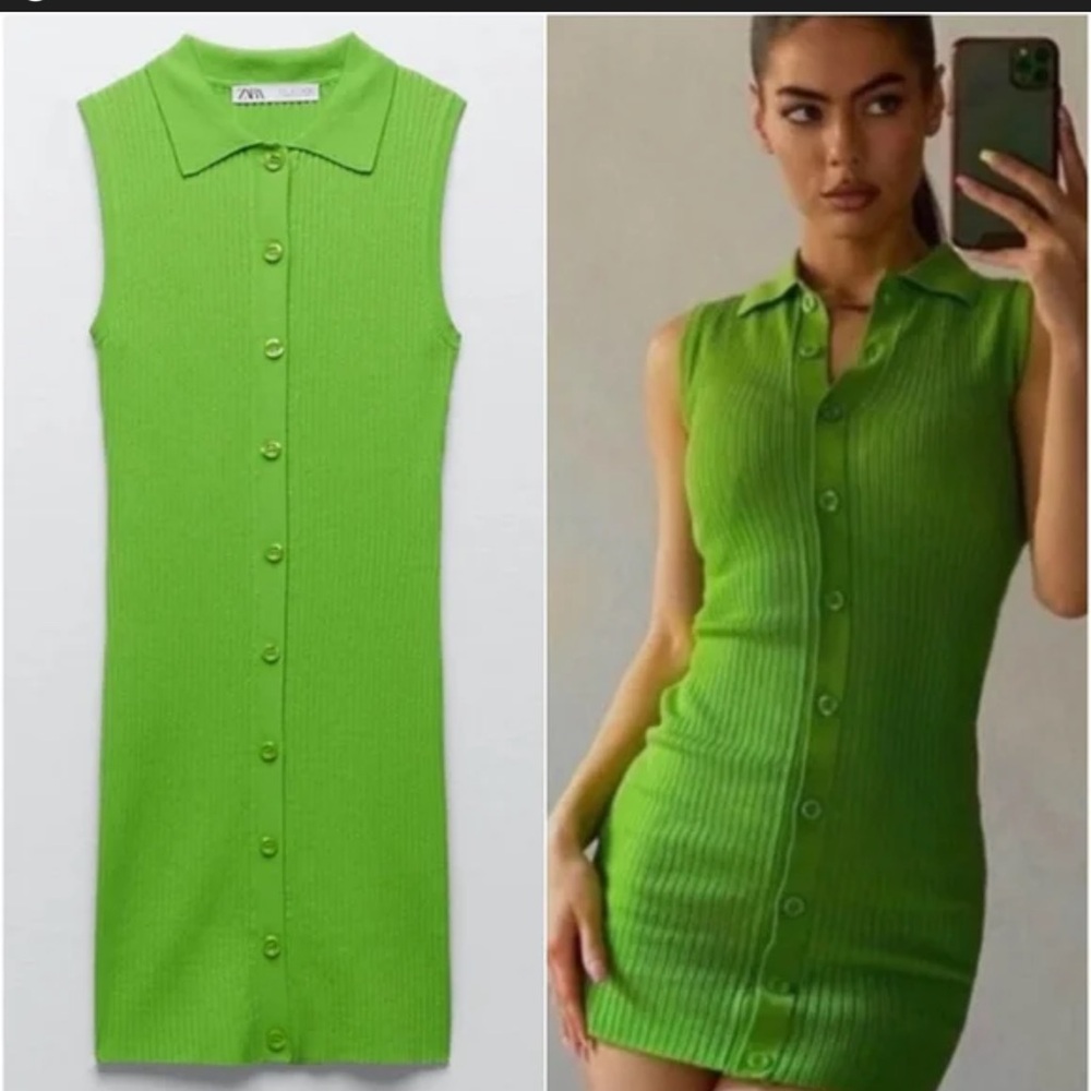Zara Sleeveless Button-Front Mini Dress in Bright Lime Green